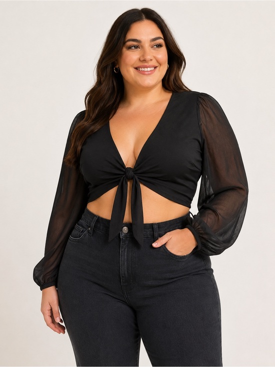 Forever 21 Tops - Forever 21 long-sleeve tie-front crop top featuring sheer bishop sleeves